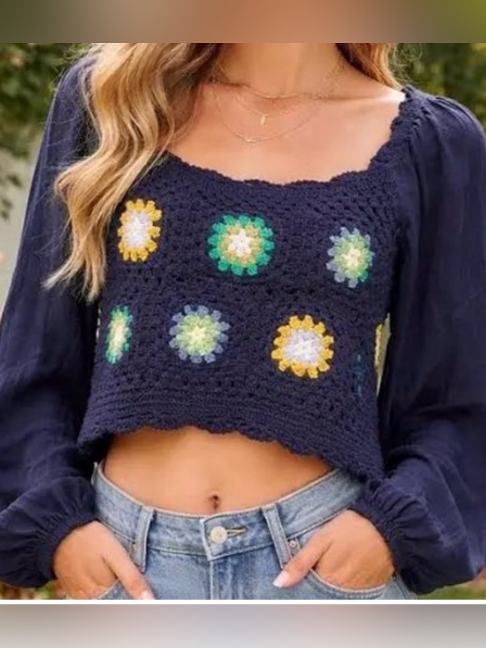 Aerie Navy Crochet Crop Top w Balloon Sleeves with Multicolor Floral Squares